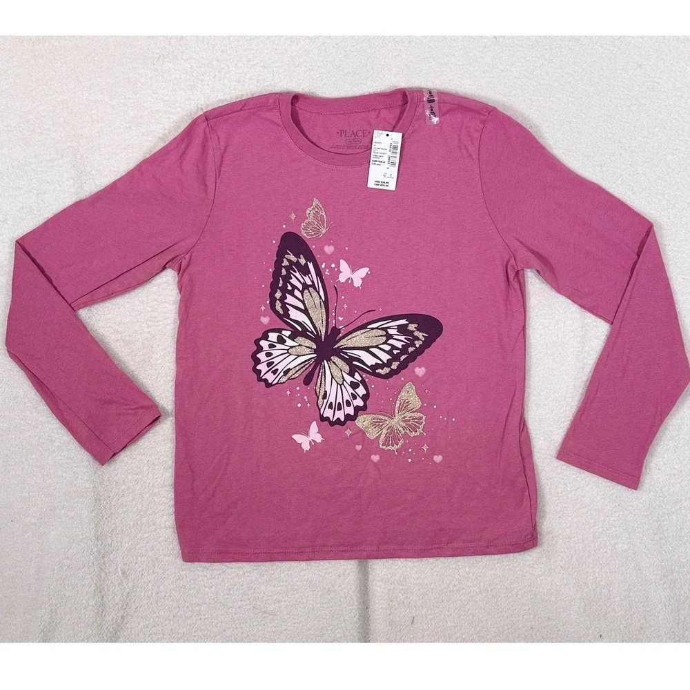 NWT The Childrens Place Girls Long Sleeve Butterfly Shirt Large 10/12 Rose Heart